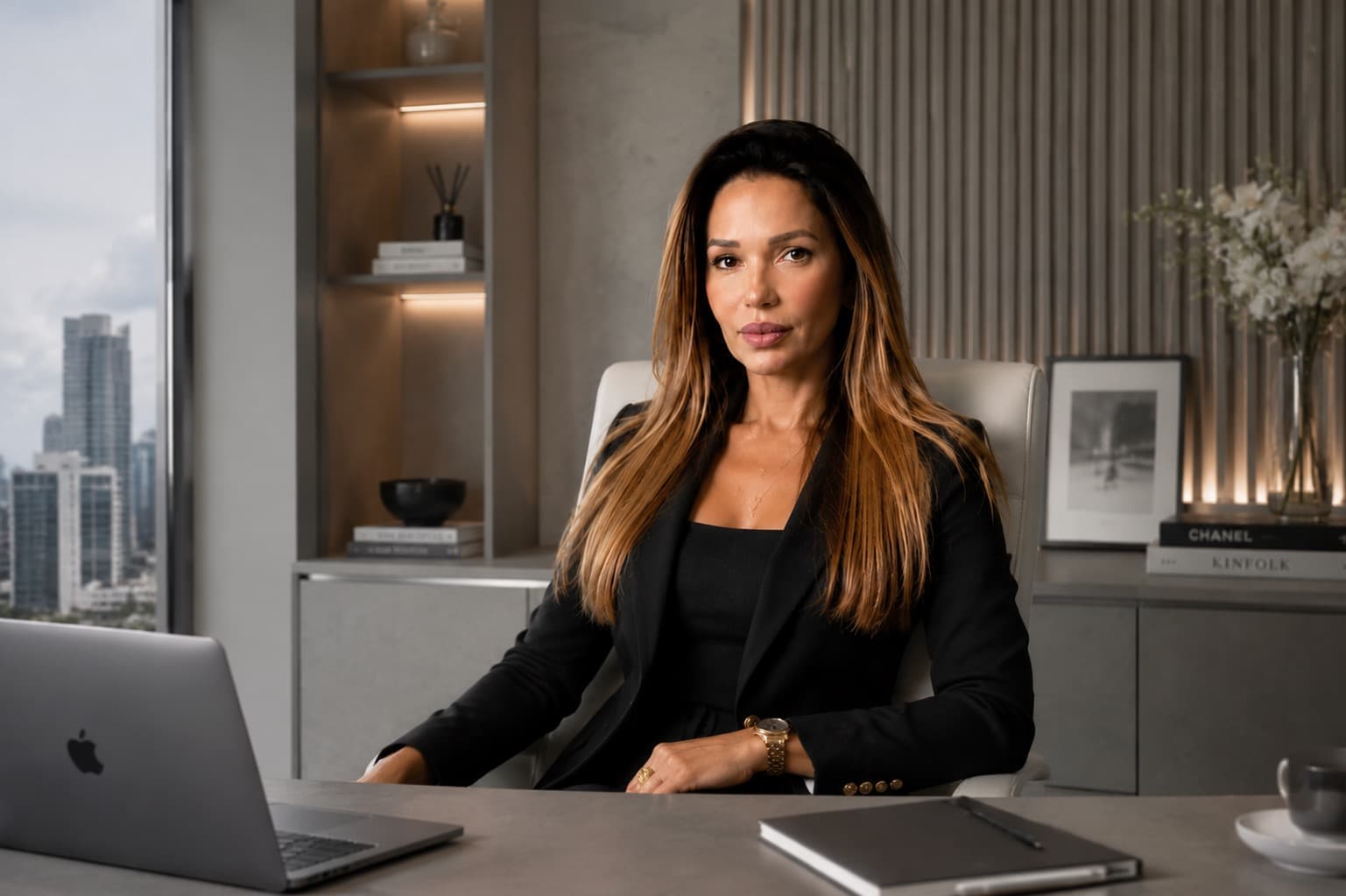 Malfi Antenucci working at her desk with the Miami skyline behind her