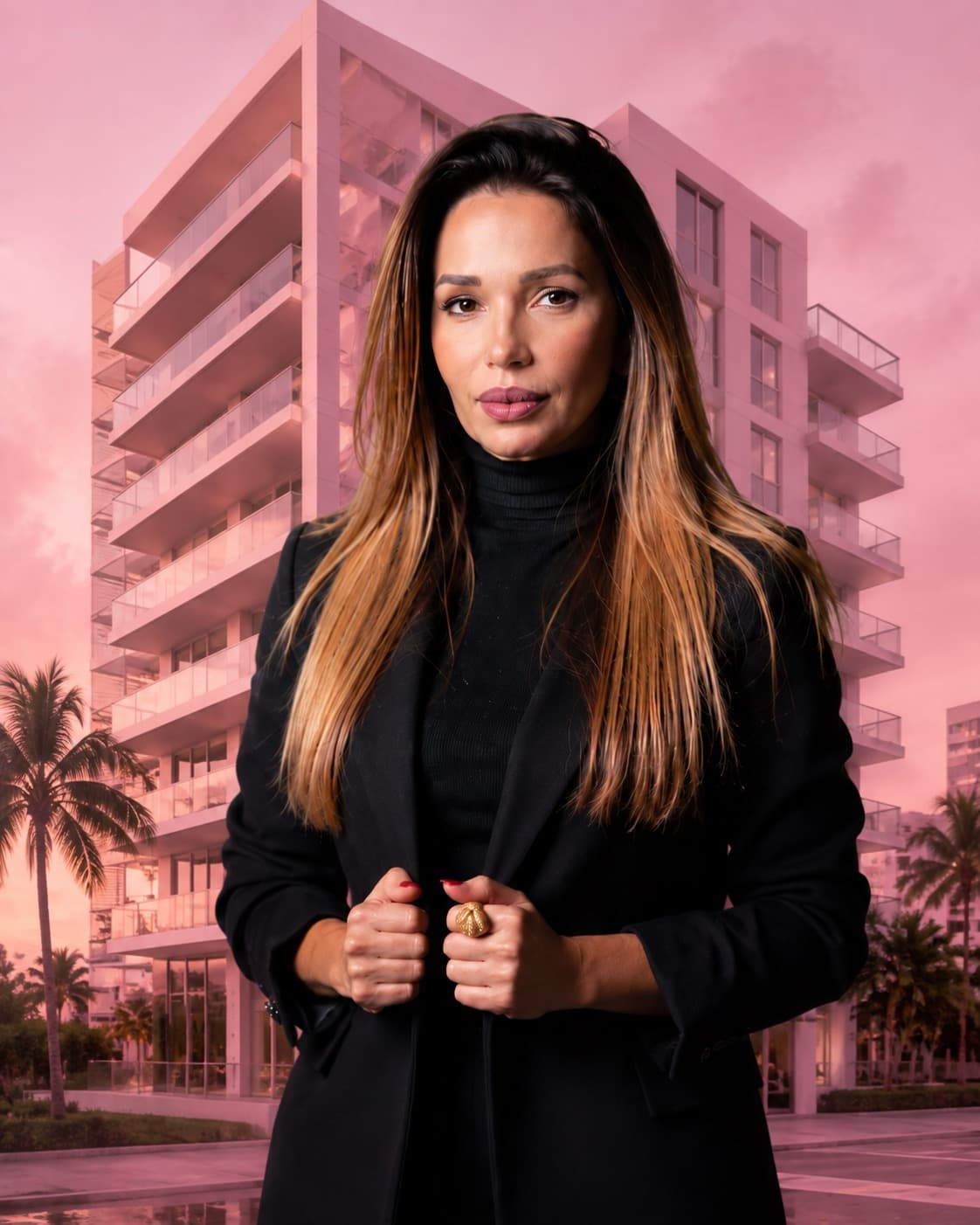 Malfi Antenucci photographed in front of a Miami residential building at sunset