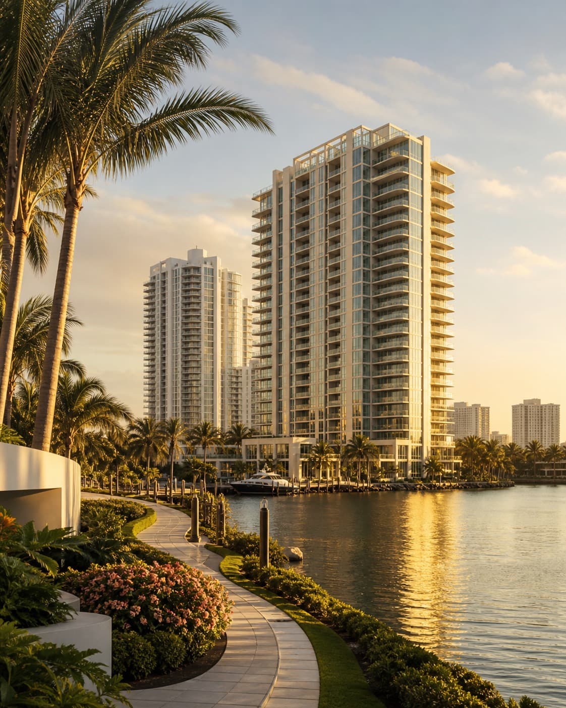 Residential towers above the intracoastal waterway in Aventura at golden hour