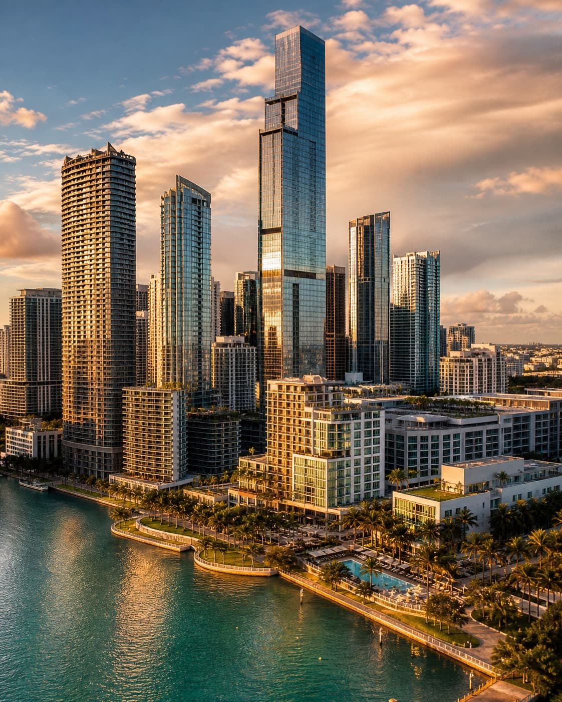 The glass towers of Brickell above the waterfront at sunset