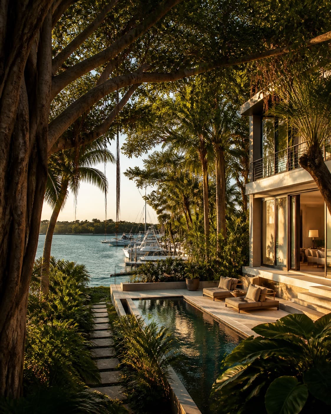 Waterfront terrace and pool under a dense canopy in Coconut Grove