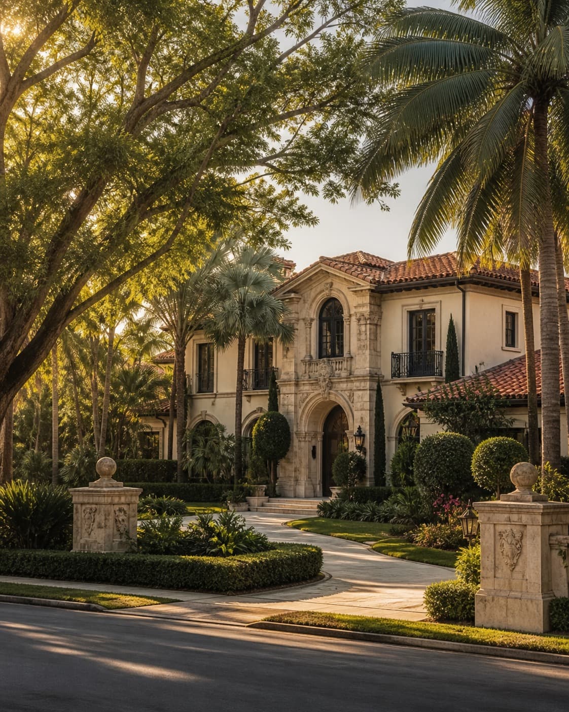 Mediterranean villa behind clipped hedges on a Coral Gables boulevard