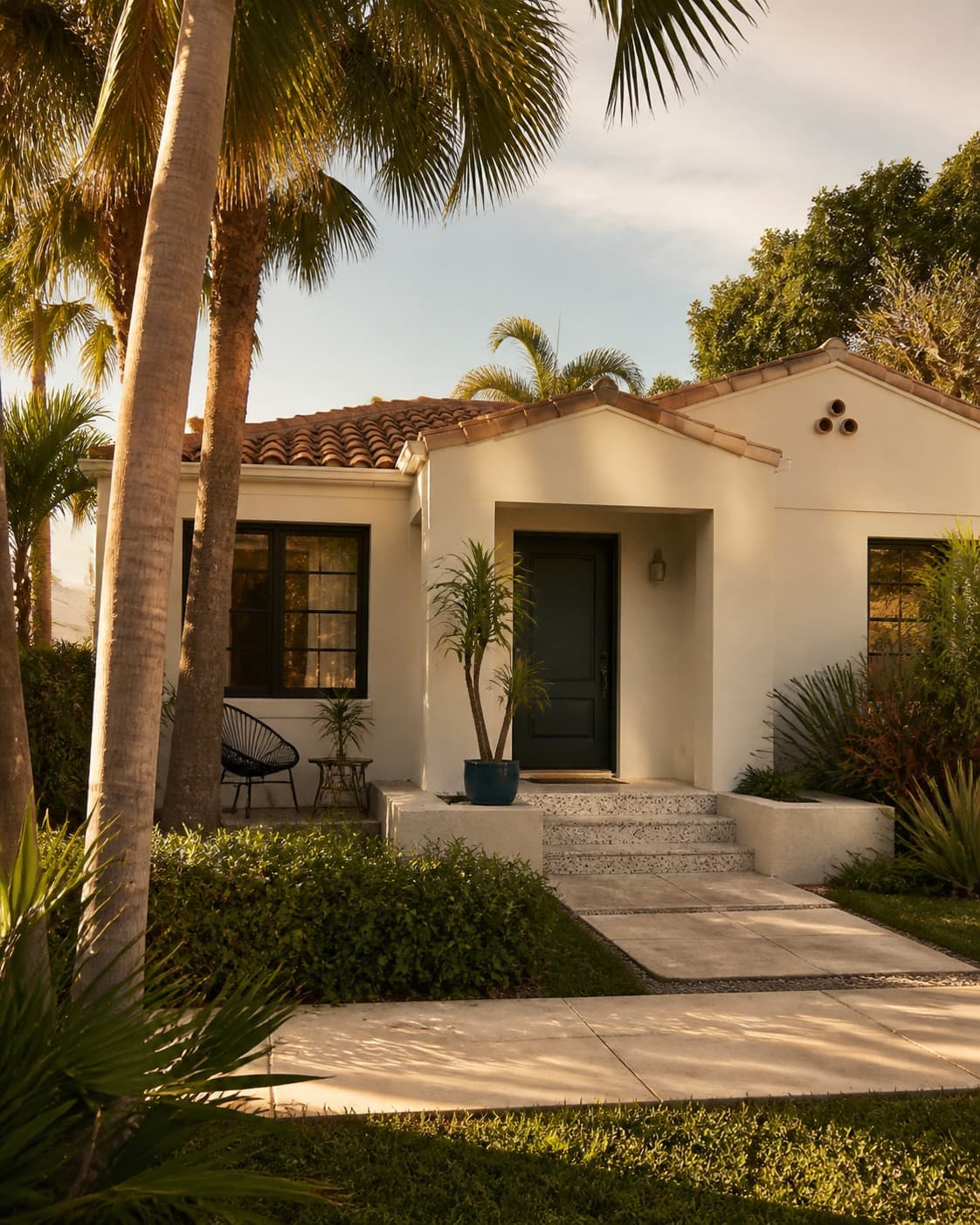 Spanish-style bungalow under palms in Flagami