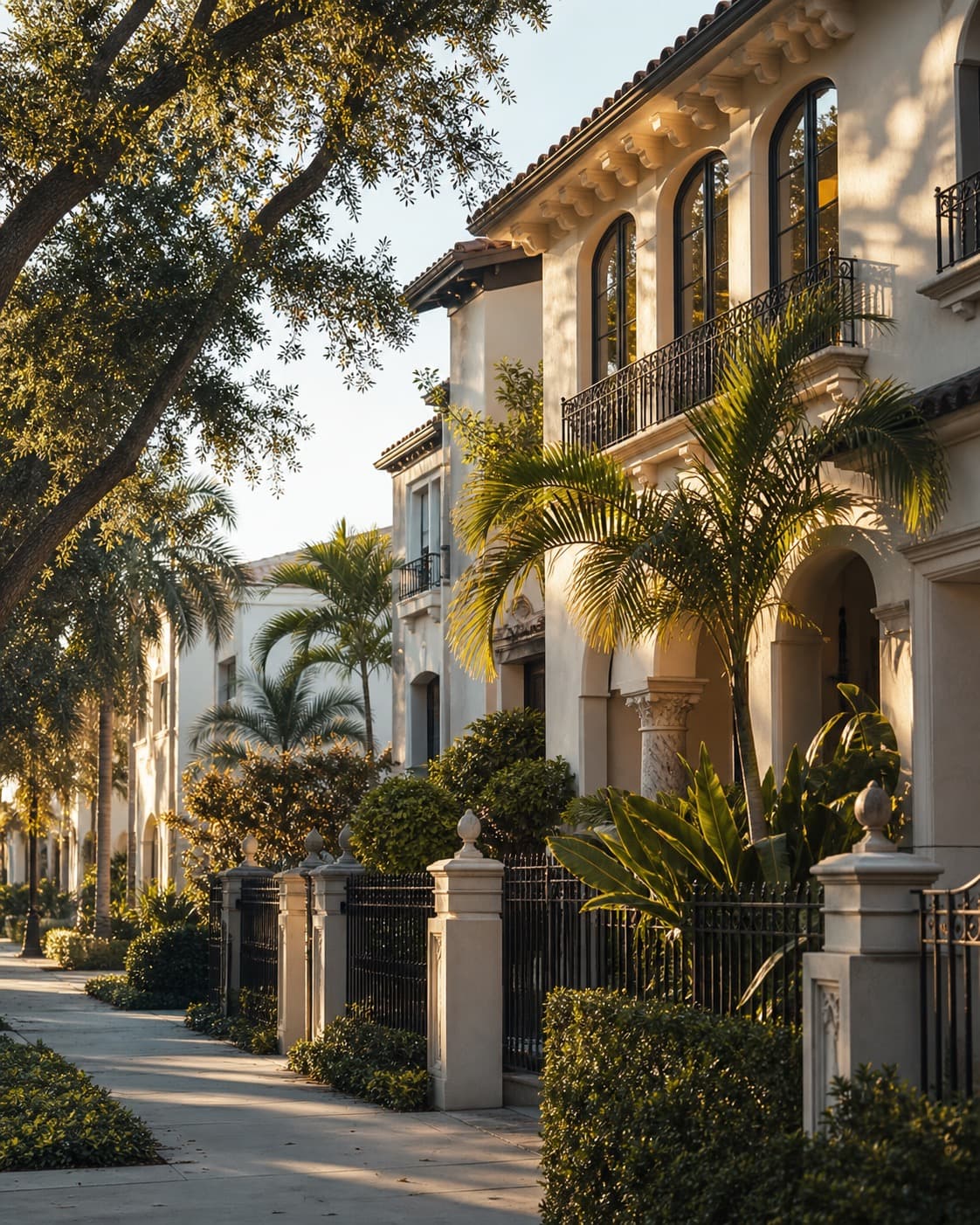 Row of Mediterranean townhomes along a shaded Flagler street