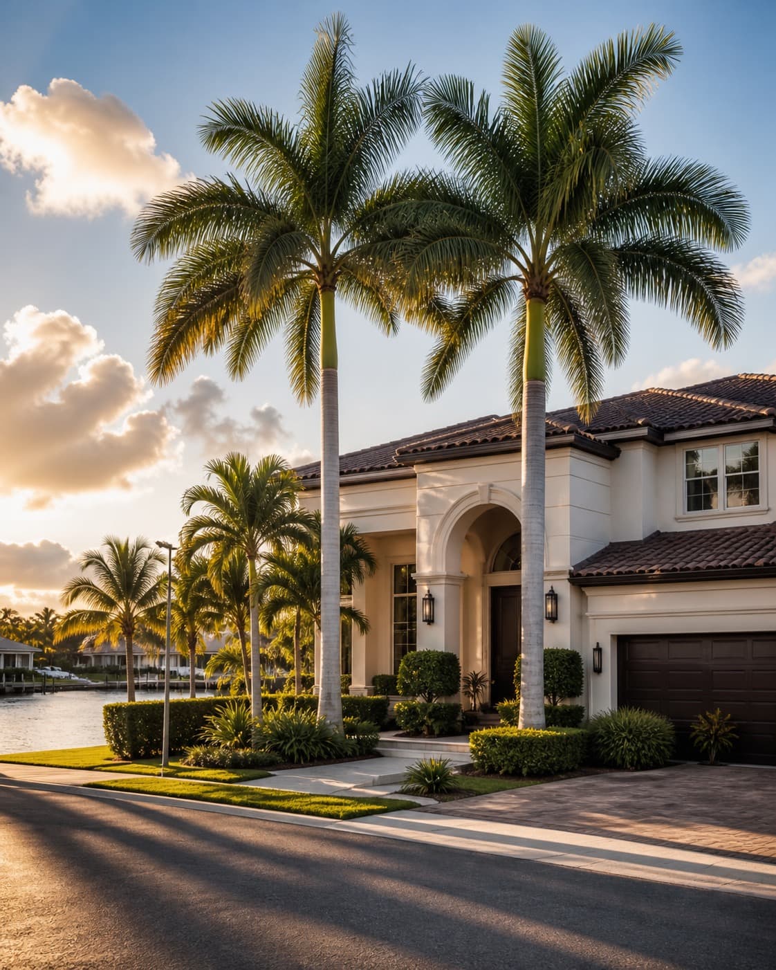 Palm-lined waterfront home in Hialeah at sunset