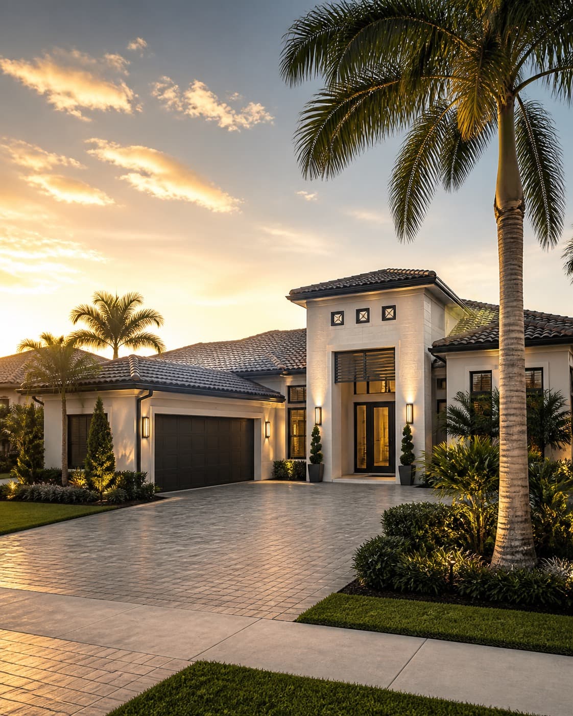 Newly built house with a paved driveway in West Hialeah at dusk