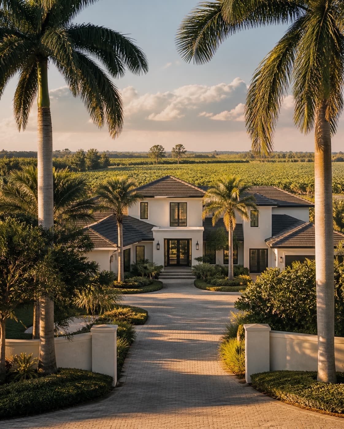 Gated estate framed by palms with open fields beyond in Homestead