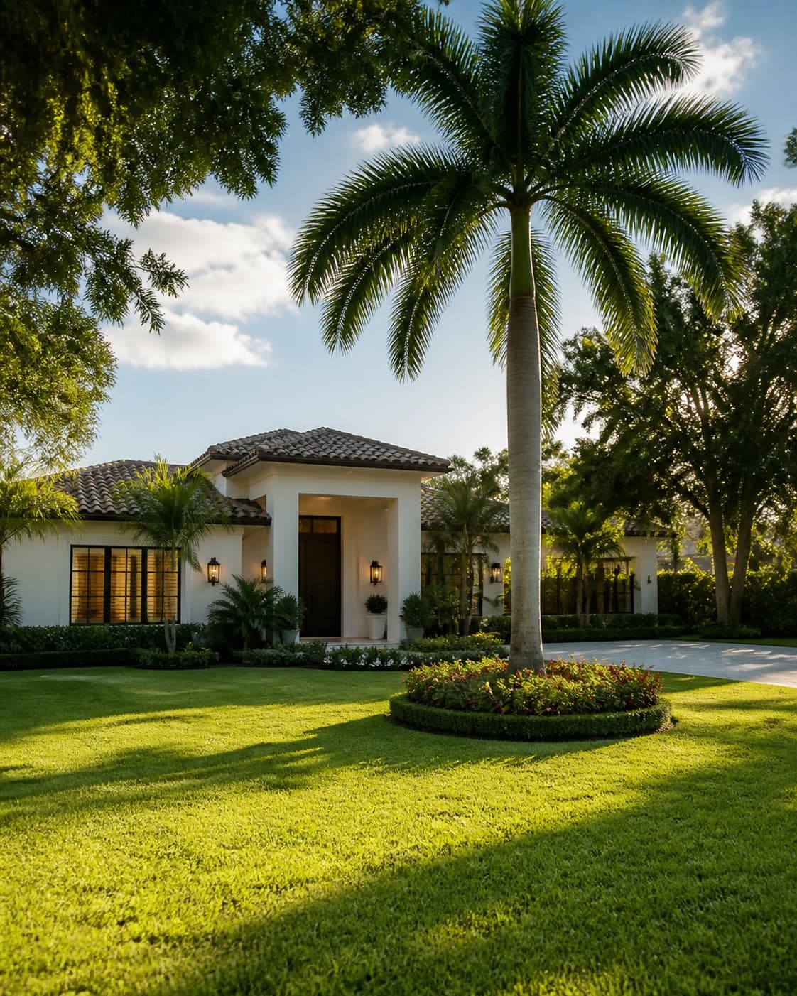 Single-storey home behind a wide lawn and a royal palm in Kendall