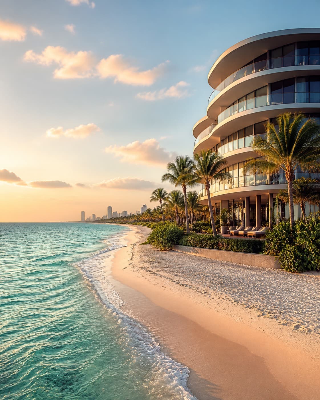 Curved oceanfront building on the sand in Miami Beach