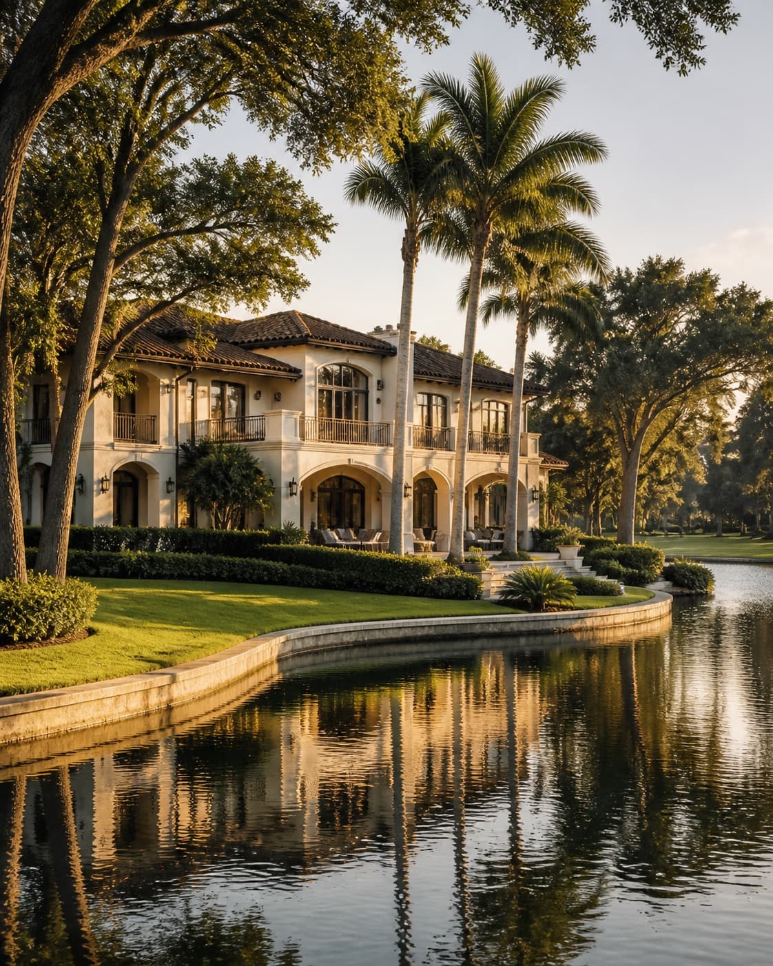 Lakeside mansion reflected in still water in Miami Lakes