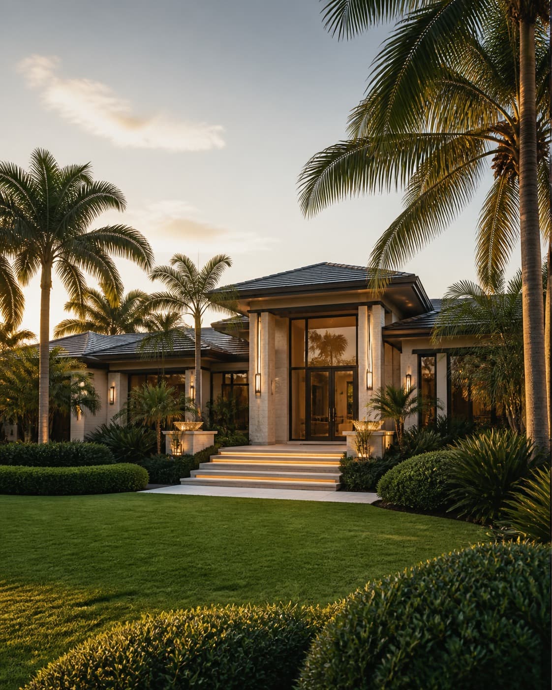 Palm-framed estate behind a manicured lawn in Pinecrest