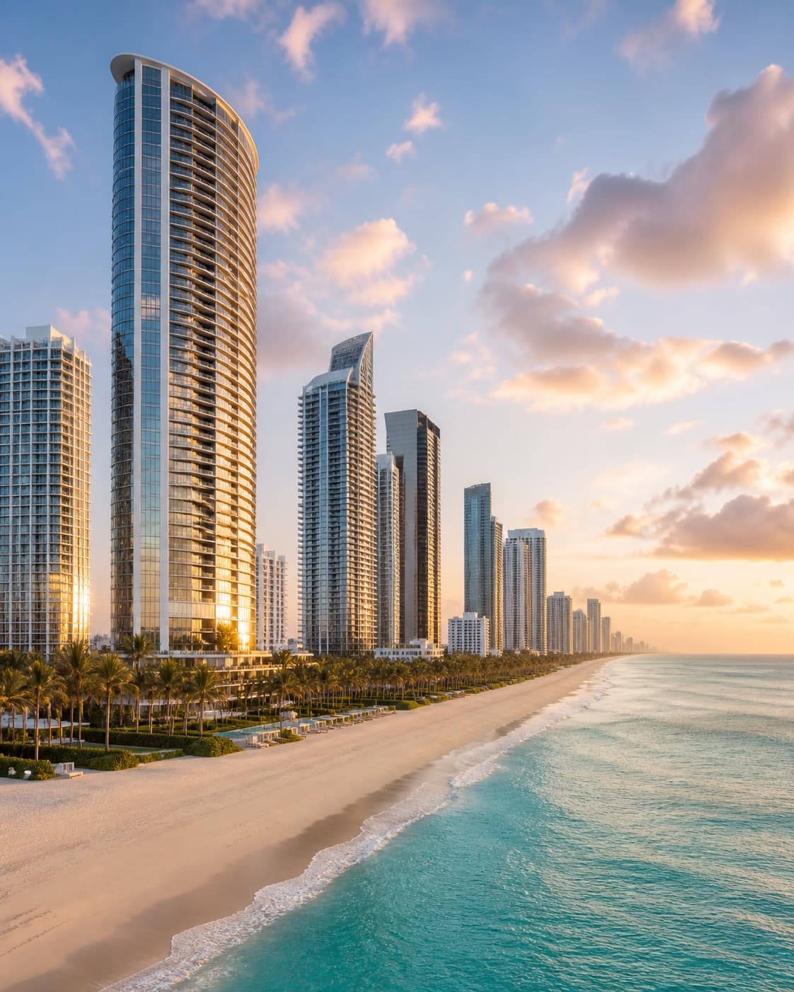Line of oceanfront towers along the beach in Sunny Isles