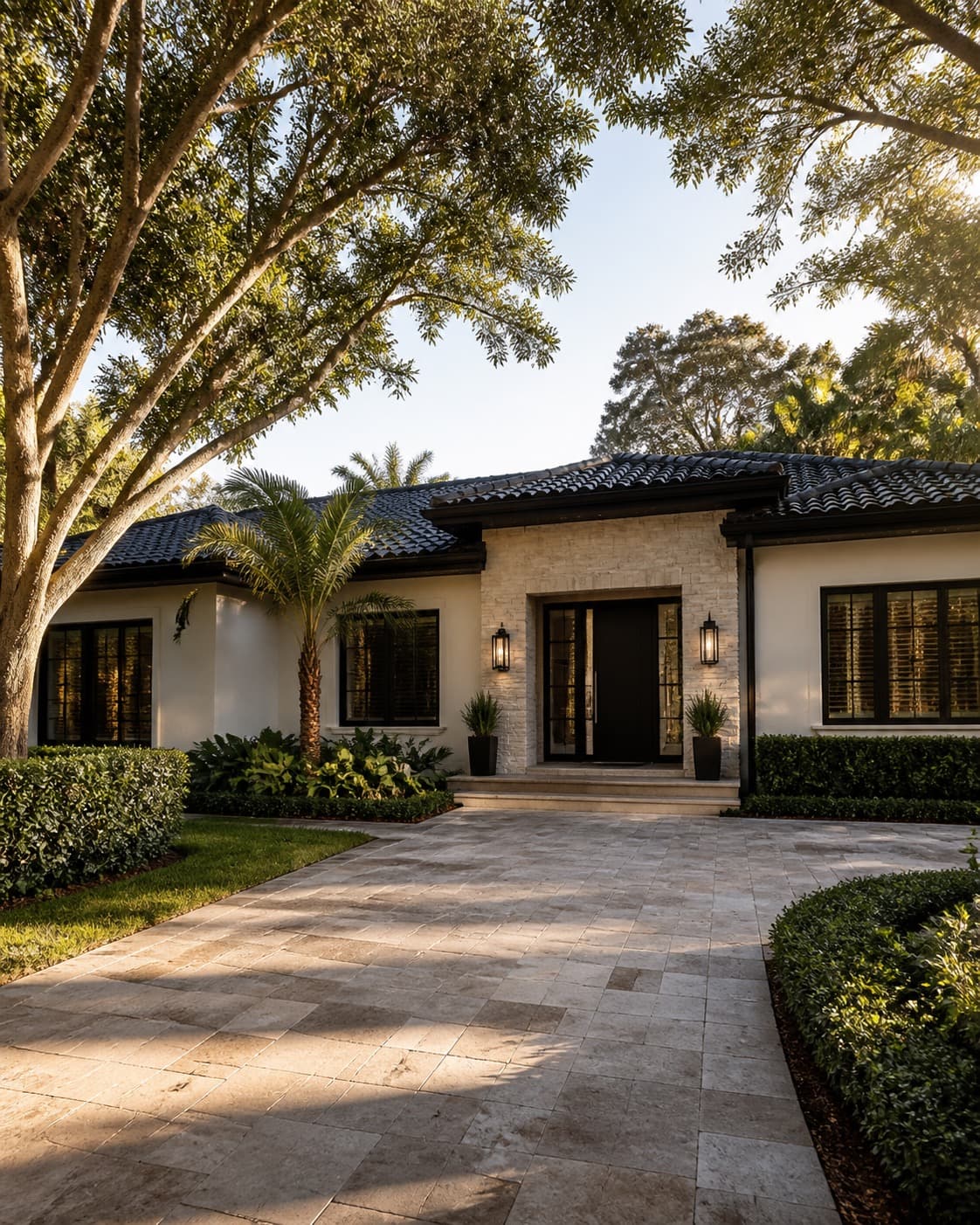 Low white residence under old oaks in West Miami
