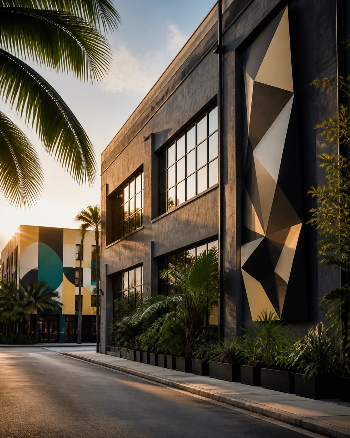 Painted warehouse facades on a Wynwood street at sunset